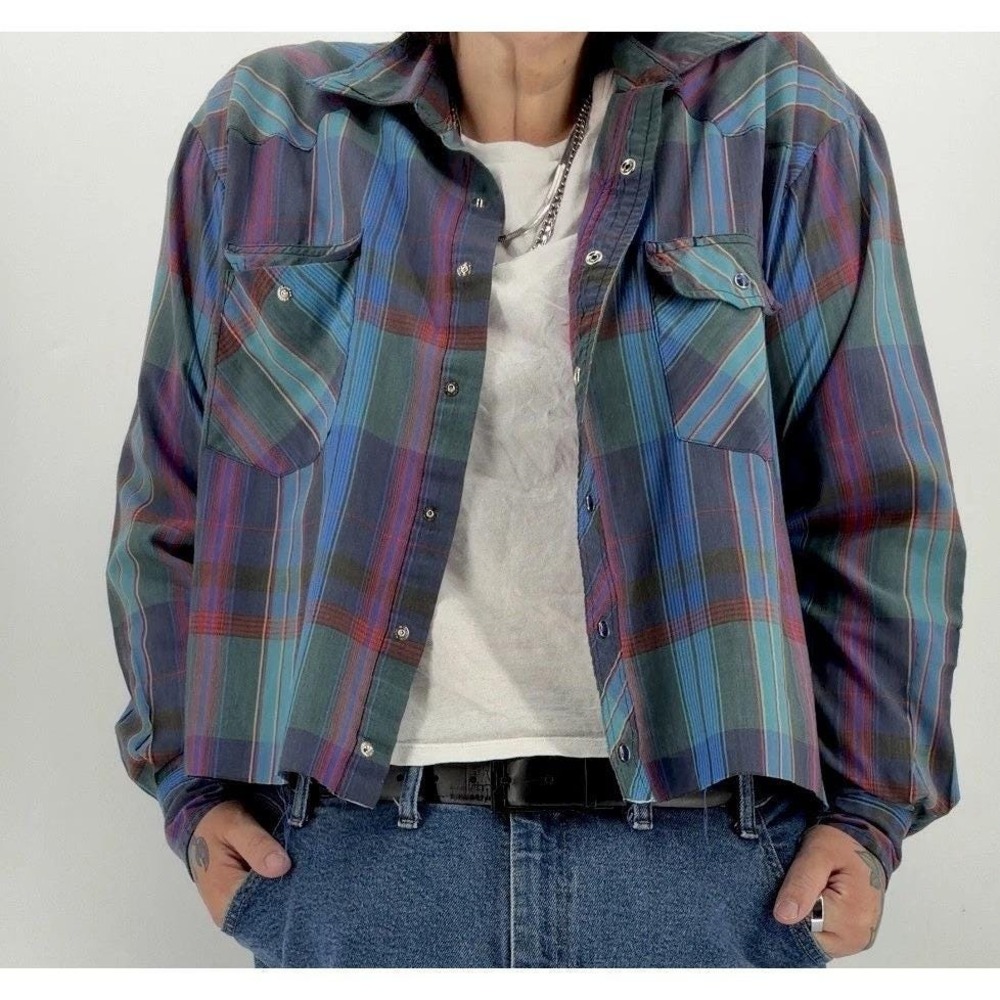 Vintage Western‎ cropped shirt men's XL pearl snap plaid rustler raw hem grunge